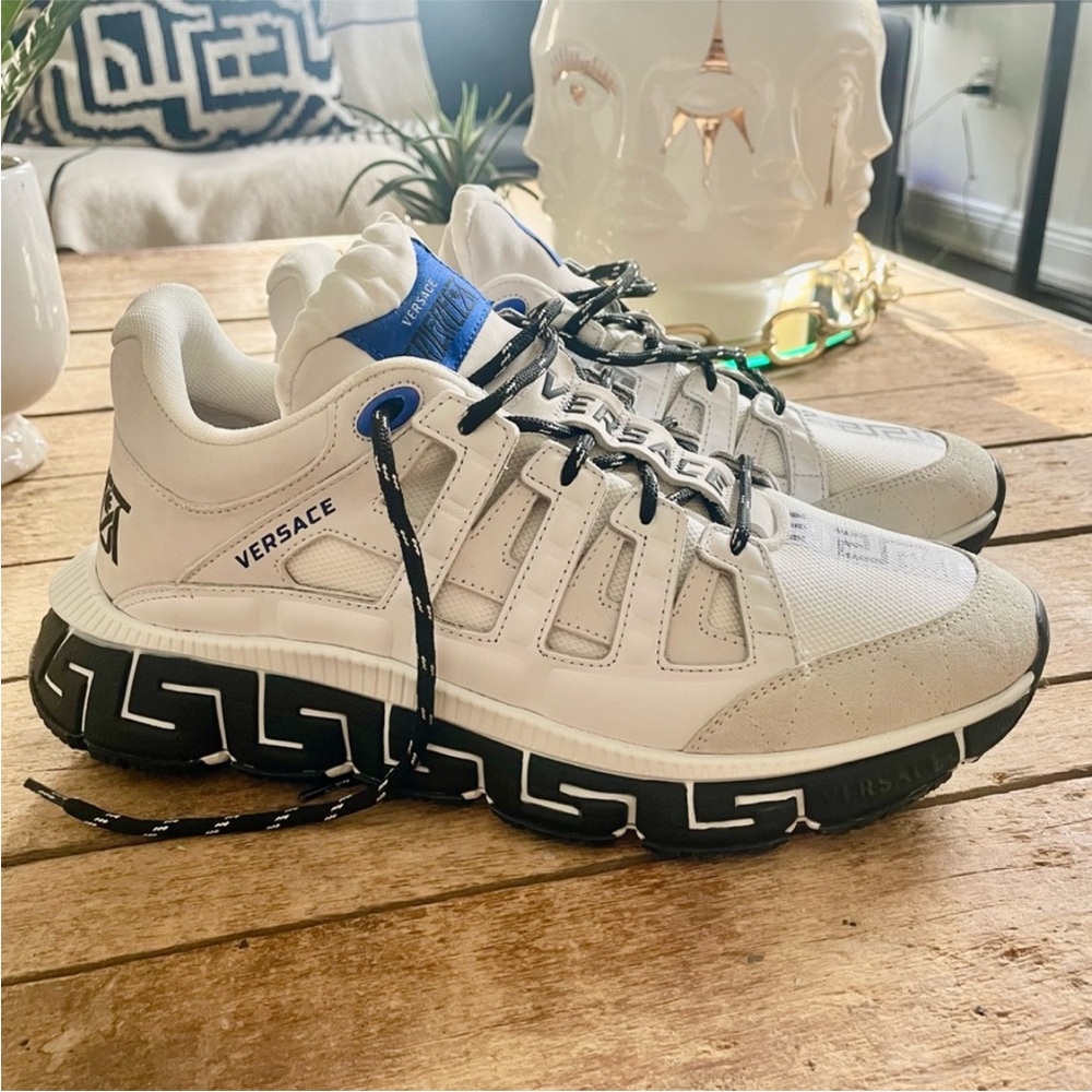 Versace White and Blue Trigreca Sneakers